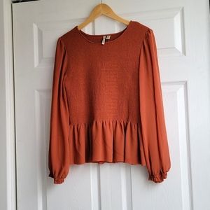 NWT Verona Rust Colored Smocked Long Sleeve Blouse